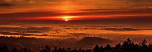 Graz: Panorama of Graz city covered in fog on autumn morning