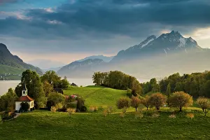 Pilatus: Panorama with lake and mountains, sunset, Eggisbuhl