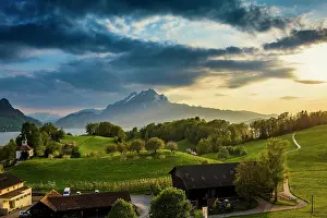 Pilatus: Panorama with lake and mountains, sunset, Eggisbuhl
