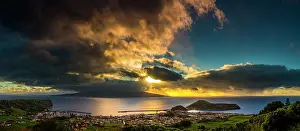 Azores: Panorama, Mount Pico with Horta seaport in clouds