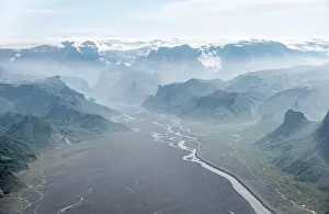 Thorsmork: Panorama, mountains and glacier river in a mountain