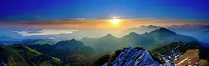 Chiemgau: Panorama photo, Alpine panorama at sunrise from