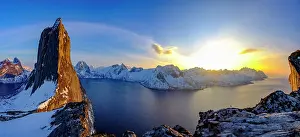 Segla: Panorama shot at sunset, Steep mountain Segla, Fjord