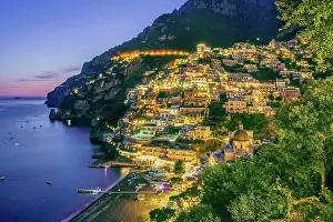 Salerno: Panorama of the village on the cliff at dusk, Positano
