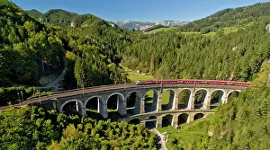 Viaduct: Passenger train on the Semmeringbahn viaduct, Breitenstein
