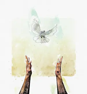 Sign: Peace conceptual painting with human hands stretched