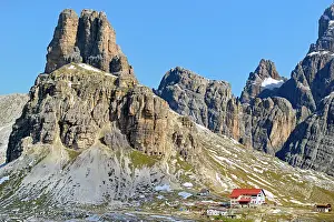 Dolomites: Three peaks hut 2405 m, Sextnerstein, blue sky