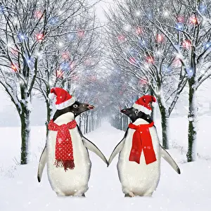 Scarves: Penguins, holding hands wearing Christmas hats walking