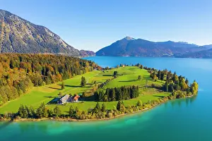 Jochberg: Peninsula Zwergern, Lake Walchensee, behind Jochberg