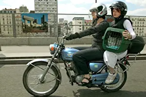 Motorcycle: PEOPLE - on motorcycle, transporting Cat in box