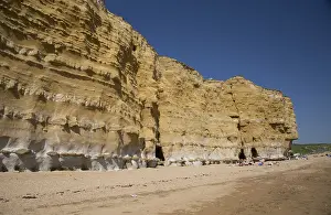 Dorset: People sunbathing below iconic golden cliffs West