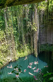 Limestone: People swimming in limestone sinkhole pool, Ceno