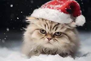 Generated: Persian cat with red Christmas Santa hat in snow