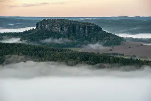 Saxon: Pfaffenstein with morning fog, Elbe Sandstone Mountains
