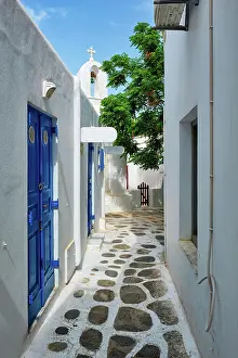 Shop: Picturesque scenic narrow Greek streets with traditional