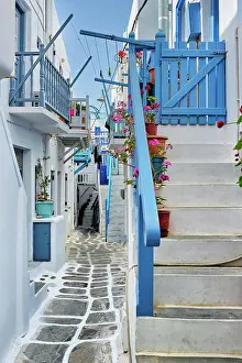 Shop: Picturesque scenic narrow Greek streets with traditional