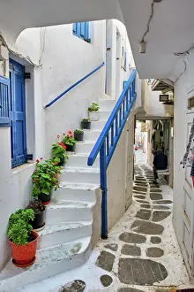 Shop: Picturesque scenic narrow Greek streets with traditional