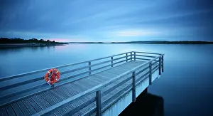 Artificial: Pier in the harbour with life belt, dusk, lake Geiseltalsee