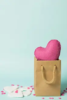 Decorated: Pink heart craft bag near decorations
