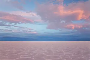 Salar: Pink hexagon patterns under billowy clouds at sunset on the
