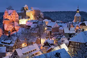 Saxon: Place Hohnstein with rock castle at snow, blue hour