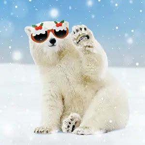 Greeting: Polar Bear - young bear waving and wearing Chirstmas