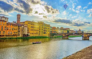 Bridge: Ponte alle Grazie, Florence, Italy. Wide angle landscape
