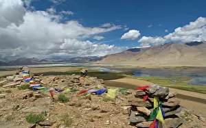 Flags: Prayer flags frame the twin lakes of the Tso Kar basin