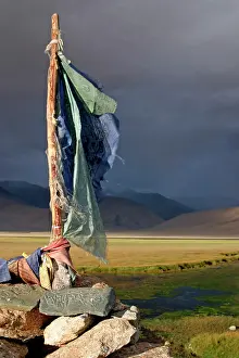 Flags: Prayer flags and mani stones at spring