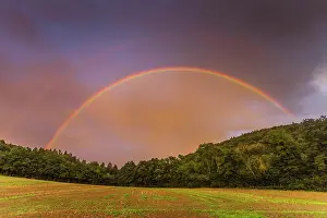 Rainbows: Rainbow, appearing in double form over woodland