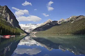 Boats: Red canoes at Lake Louise, Banff National Park