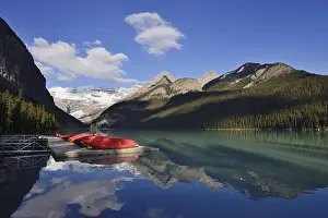Boats: Red canoes at Lake Louise, Banff National Park