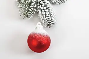Decoratively: Red Christmas balls and fir branch with snow