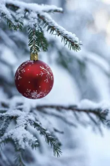 Abies: Red Christmas bauble hanging on a snow-covered fir