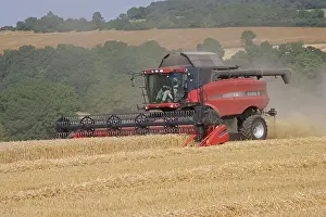 Harvesters: Red combine harvester working in Cotswolds