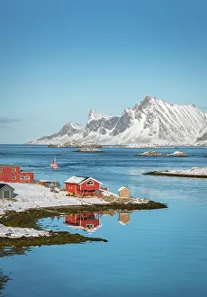 Farmhouse: Red farmhouse reflected in the fjord Rossoy Straumen