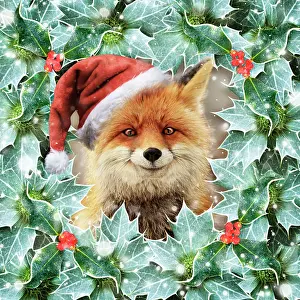 Captionabls: Red Fox, wearing Christmas hat in falling snow surrounded