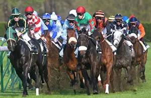 Jockey: Riders and Racehorses galloping around racecourse