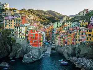 Spezia: Riomaggiore, aerial view, colorful houses, port
