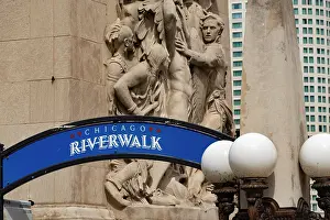 Sign: Riverwalk signage along the Chicago River in downtown