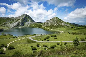 Roads: The road with beautiful view at the Enol lake at Picos de Europa in Asturias