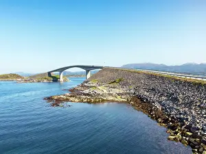 Modern: Road leads over modern bridge, blue sky, Atlantic