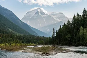 Robson: Robson River, snow covered mountains in the back