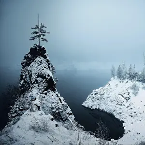 Thuringian: Rock with lone tree and snow, Schmalwassertalsperre