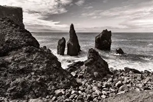 Monochrome: Rock needles, cliff Valahnukur, peninsula Reykjanes