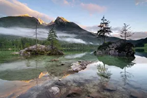 Berchtesgaden: Rocks with trees and fog in Hintersee, Hochkalter