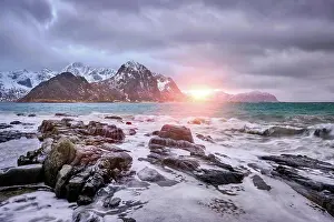 Flakstady: Rocky coast of fjord of Norwegian sea in winter
