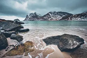 Flakstady: Rocky coast of fjord of Norwegian sea in winter
