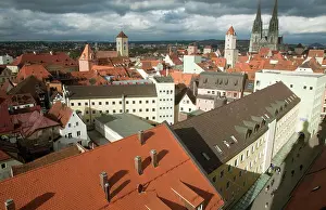Half: Roof top view of Old Town Regensburg, Germany