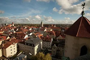 Half: Roof top view of Old Town Regensburg, Germany